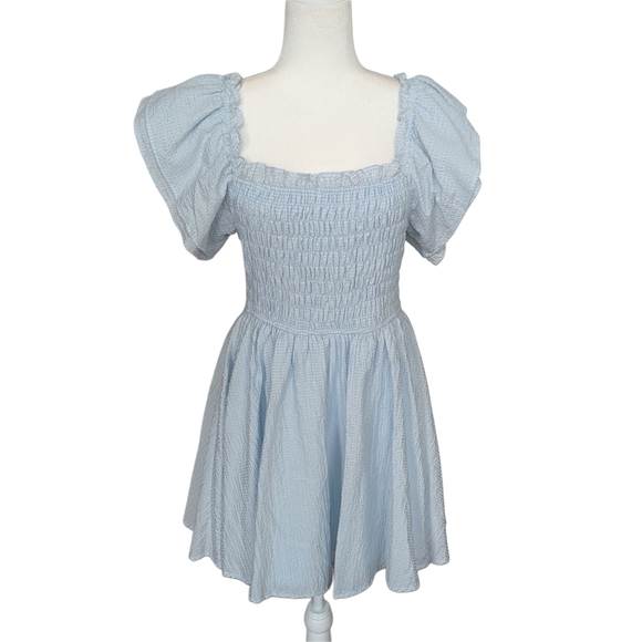 TCEC Dresses & Skirts - TCEC Light Blue Puff Sleeve Square Neck Smocked Mini Dress Size Medium
